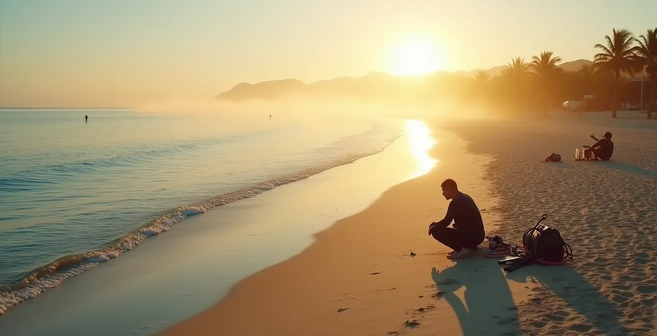 Vue aérienne de la plage de Malendure au lever du soleil avec quelques plongeurs préparant leur équipement