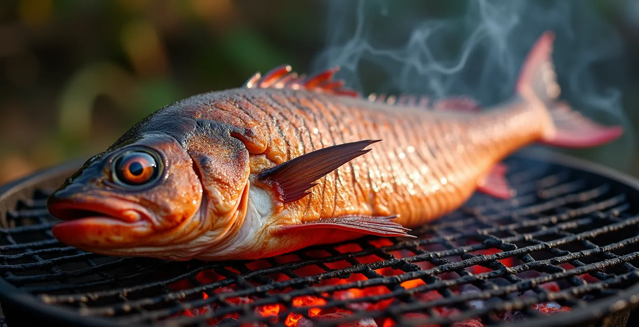 Poisson entier grillé avec tête et queue sur grill traditionnel au charbon de bois