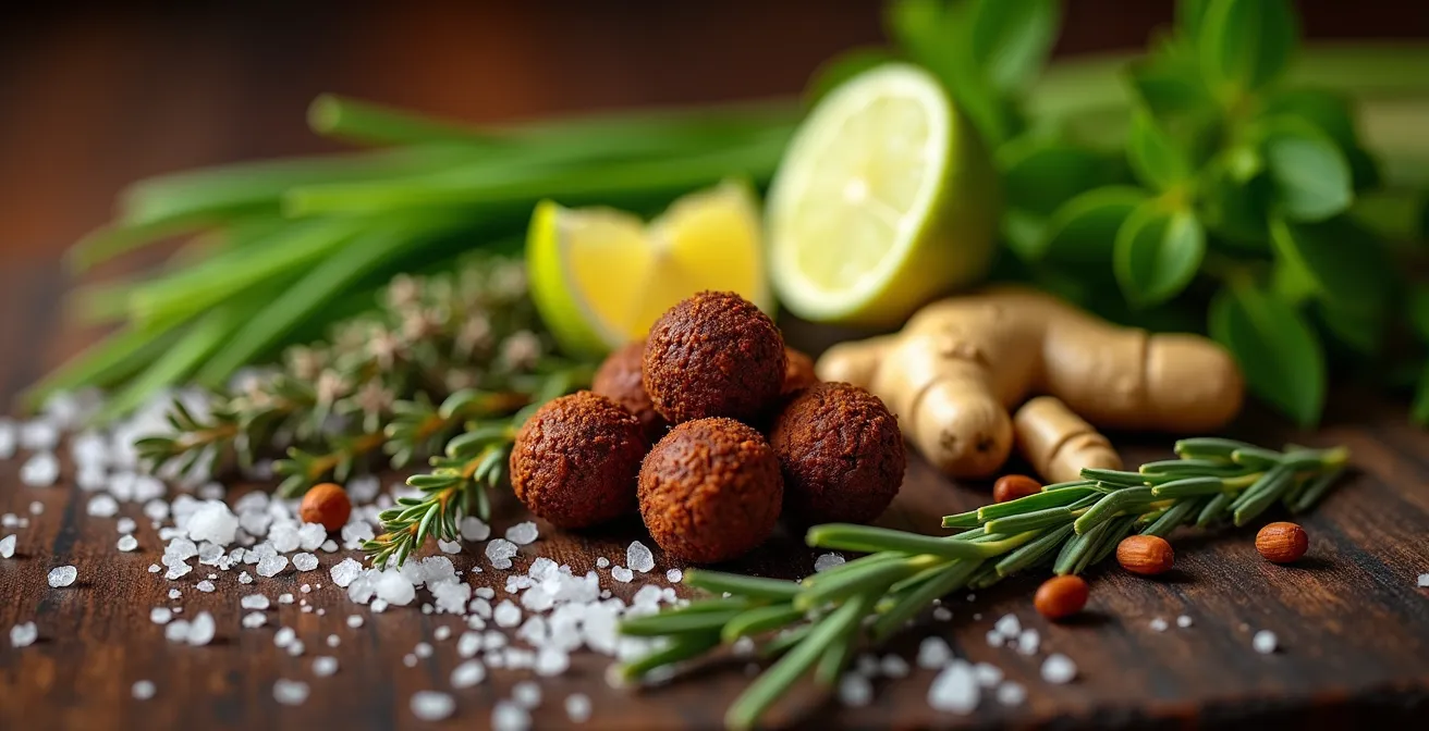 Gros plan sur les épices et aromates du court-bouillon antillais en préparation