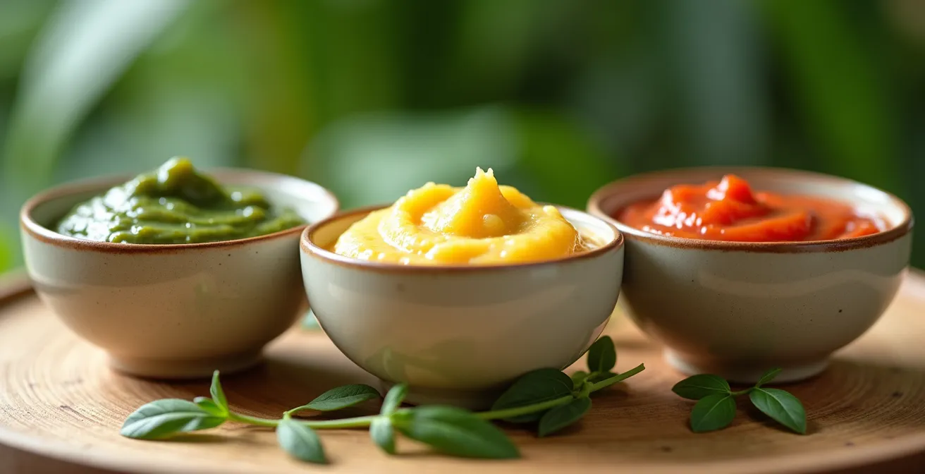 Trois petits bols de sauces créoles colorées disposés en triangle avec des herbes fraîches