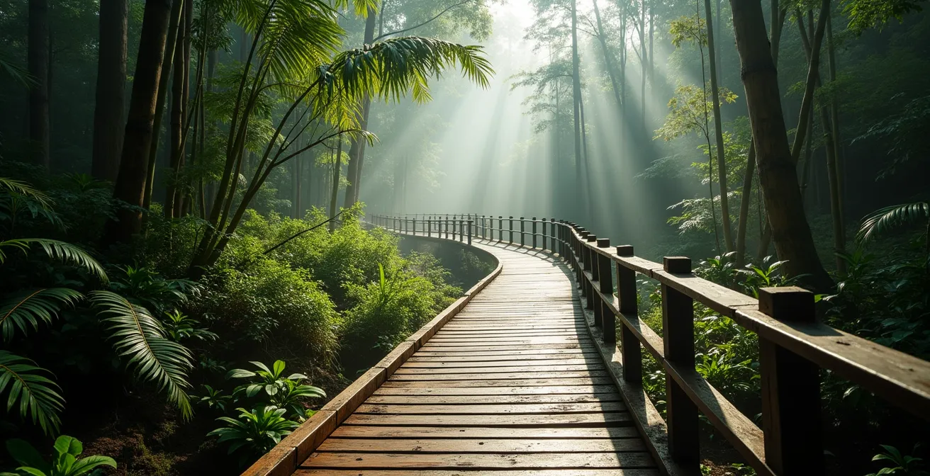 Sentier aménagé en bois dans la forêt tropicale menant aux sources chaudes