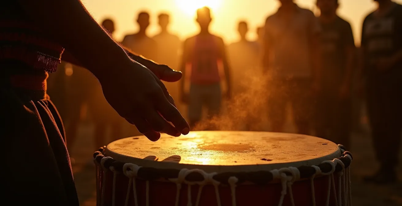 Joueur de tambour Ka lors d'une soirée Léwòz traditionnelle
