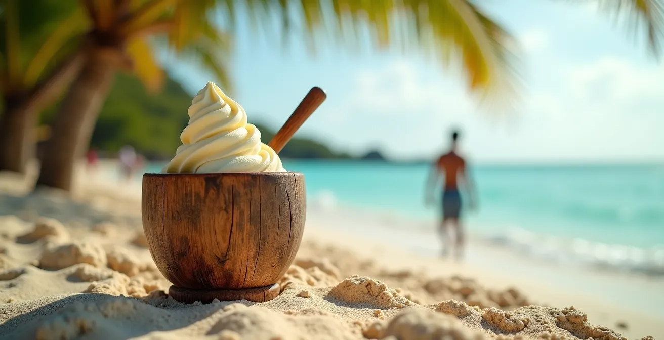 Sorbetière traditionnelle en bois sur une plage de Guadeloupe avec une vendeuse locale préparant le sorbet.