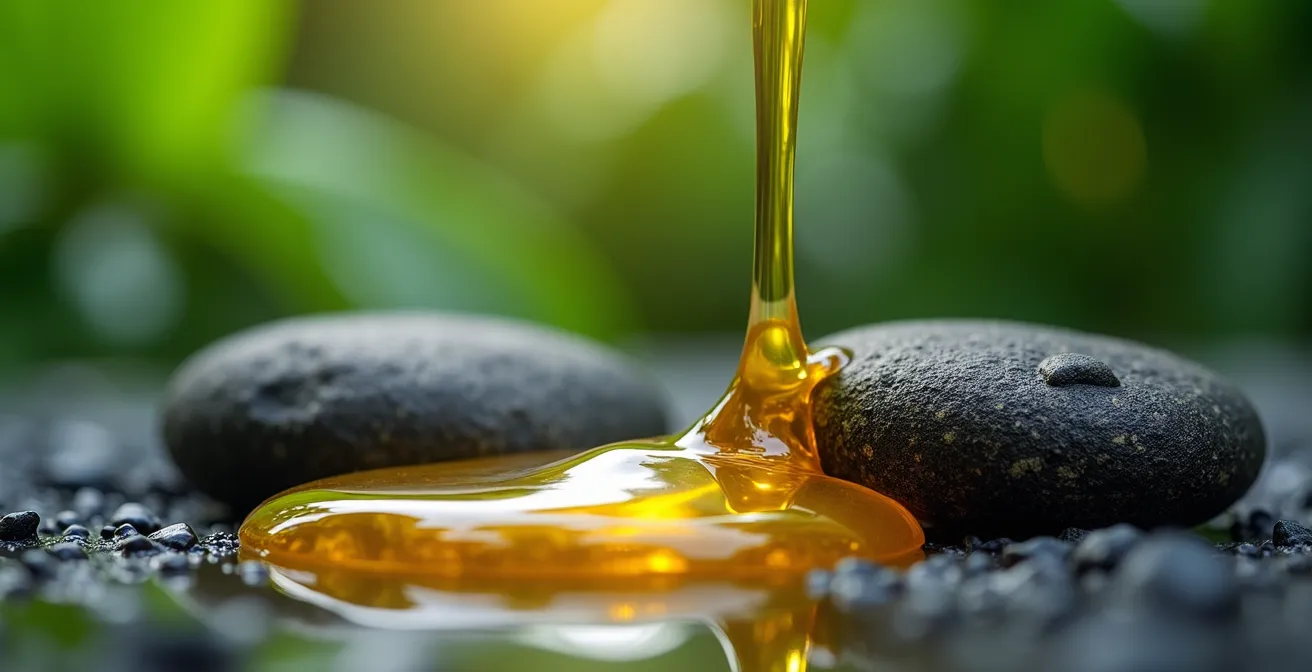 Gros plan macro sur de l'huile de coco pure s'écoulant sur des pierres volcaniques noires avec des feuilles tropicales floues en arrière-plan