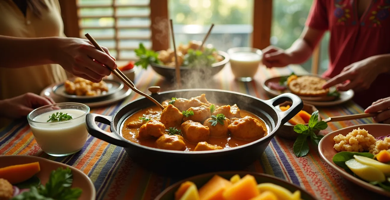 Table dressée avec un repas antillais complet incluant colombo de poulet et accras dorés