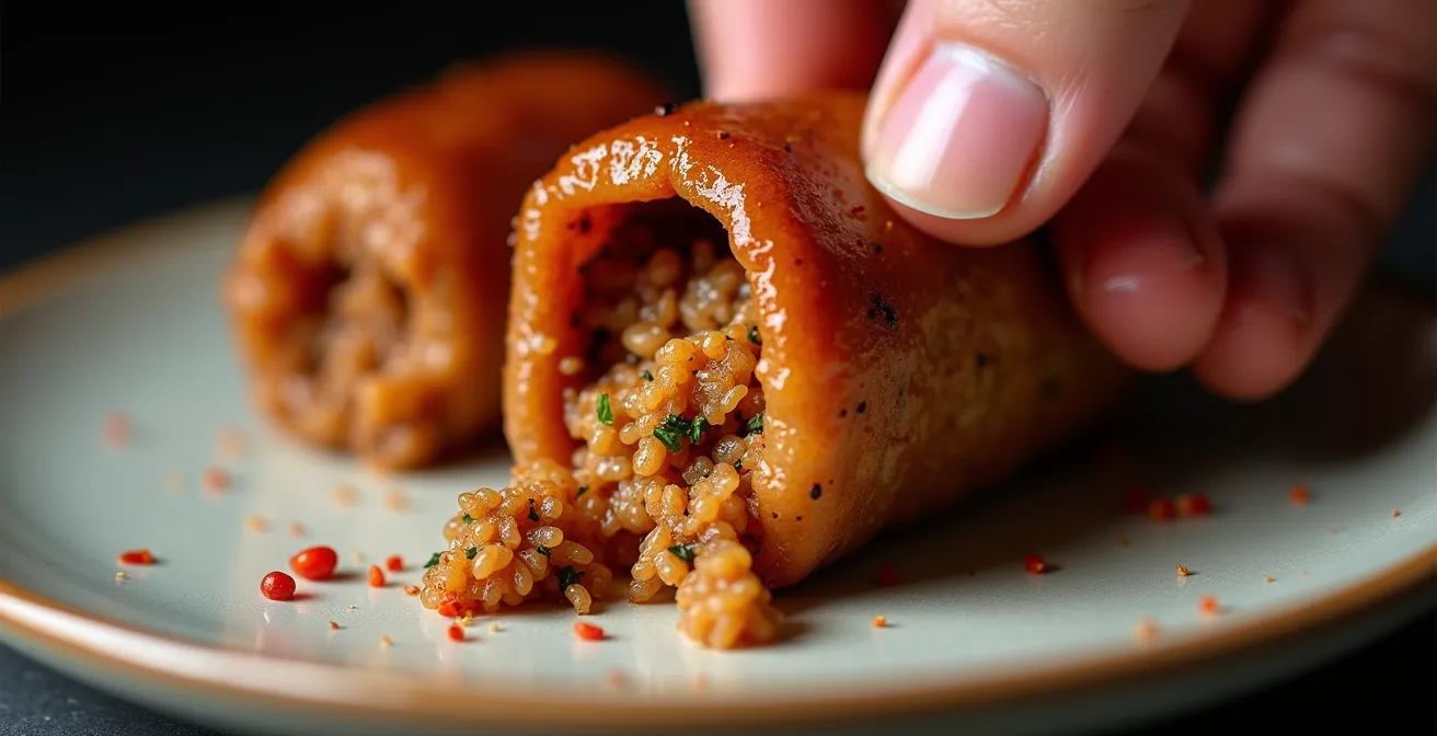 Mains expertes extrayant la farce d'un boudin créole avec technique traditionnelle