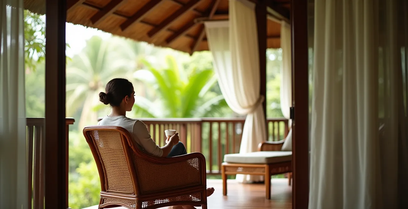Vue de la terrasse d'un bungalow tropical avec ventilation traversante