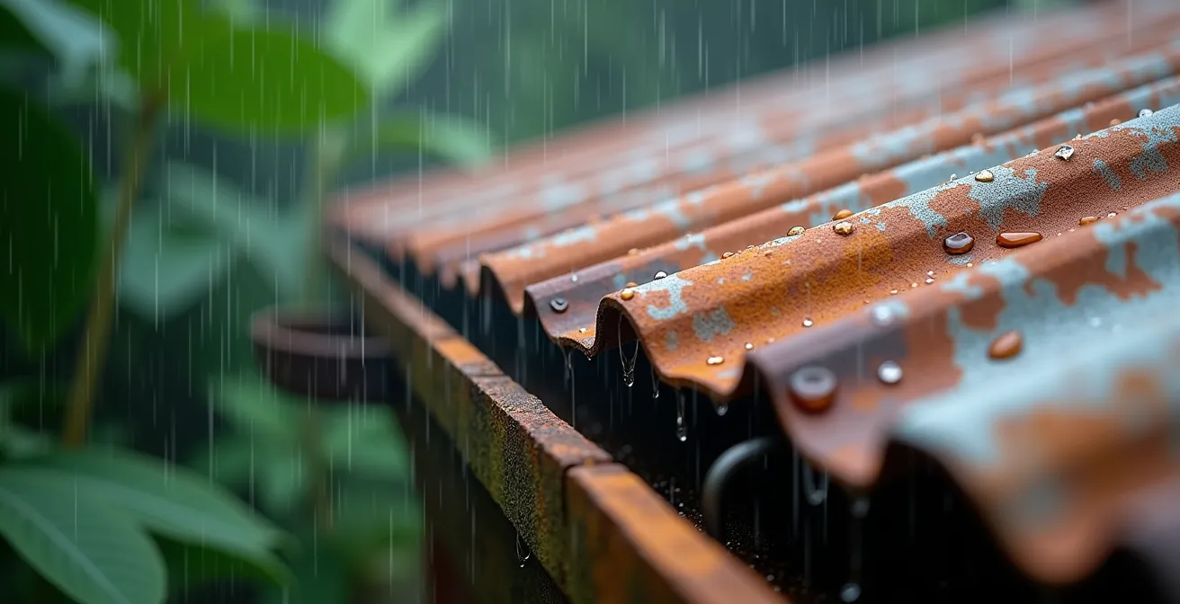 Détail macro d'un toit en tôle ondulée avec gouttes de pluie et système de gouttières traditionnel