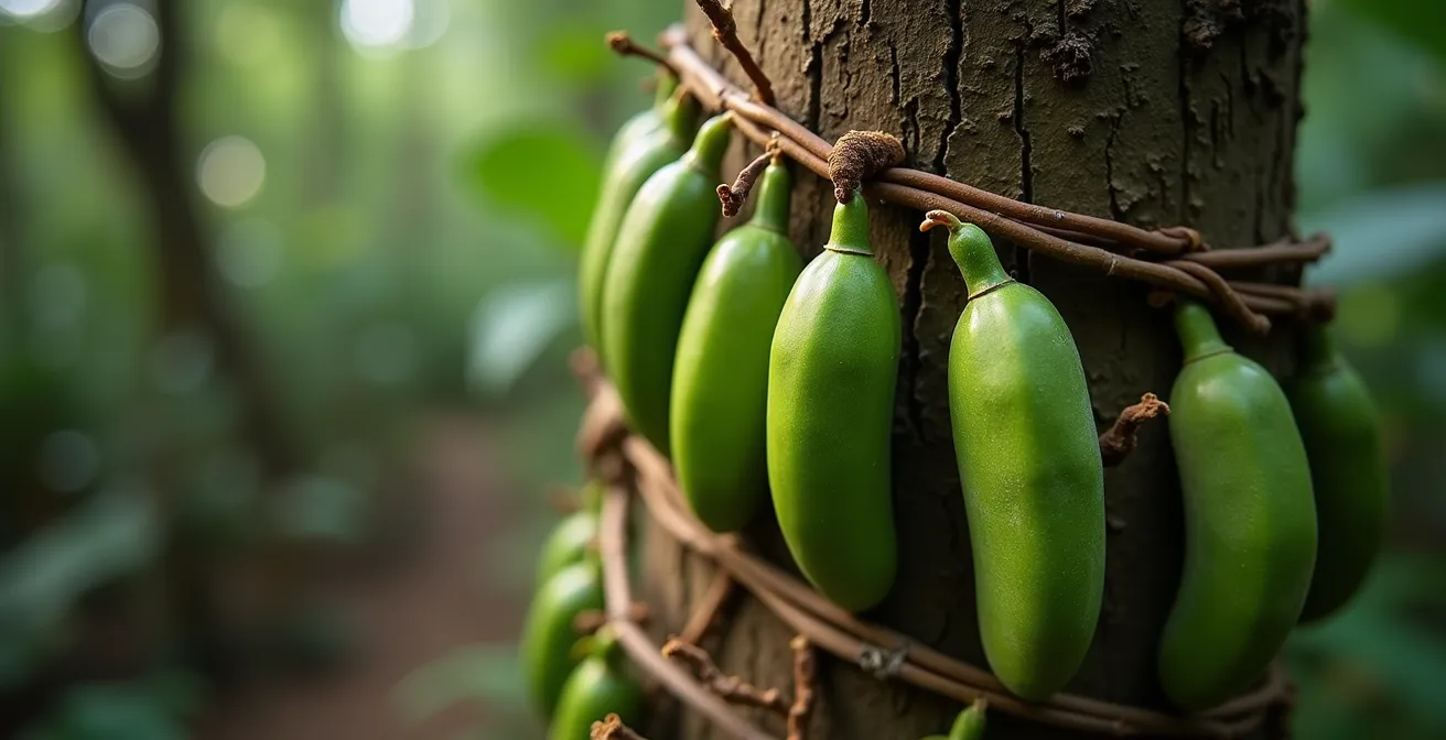 Gros plan macro sur une liane de vanille s'enroulant autour d'un arbre tuteur dans une forêt tropicale