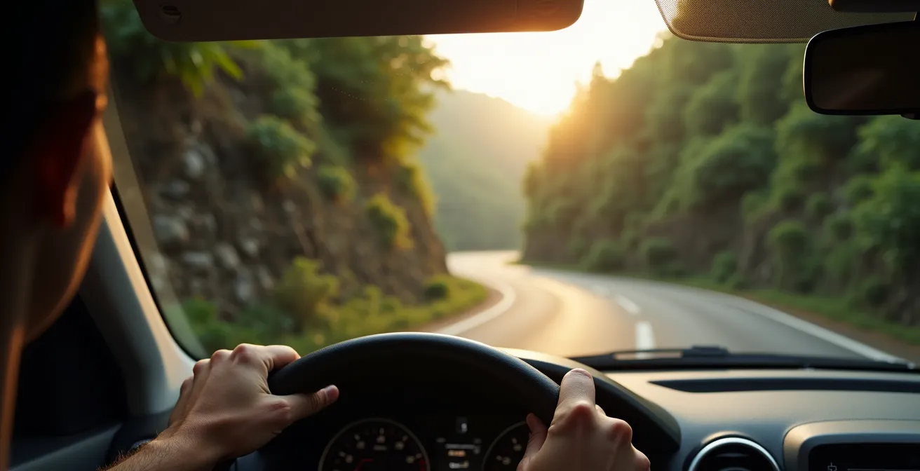 Virage en épingle à cheveux sur une route de montagne entourée de végétation tropicale dense