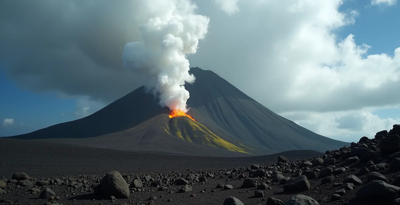 Sommet du volcan de la Soufrière avec fumerolles actives vues depuis le sol