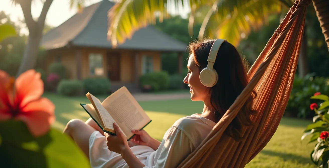 Personne lisant tranquillement dans un hamac sous les palmiers d'un jardin tropical guadeloupéen