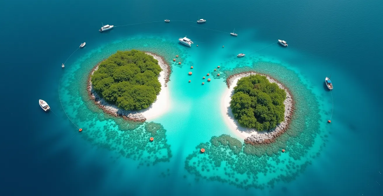 Vue aérienne des îlets Pigeon montrant les zones de mouillage autorisées avec des bouées et les zones protégées