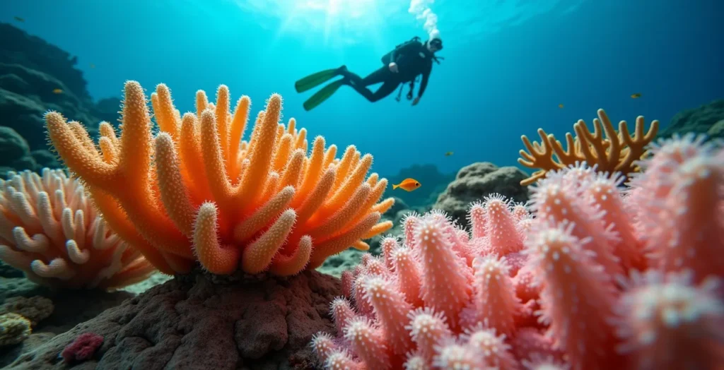 Plongeur en position horizontale parfaite maintenant une distance sécuritaire au-dessus d'un jardin de corail Plongeur en position horizontale parfaite maintenant une distance sécuritaire au-dessus d'un jardin de corail